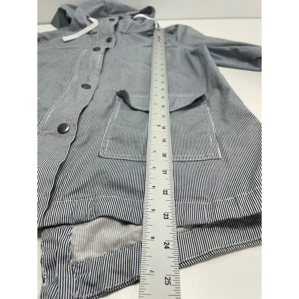 So Pinstriped‎ Long Sleeve Snap Button Field Hooded Jacket Blue/White Women's M